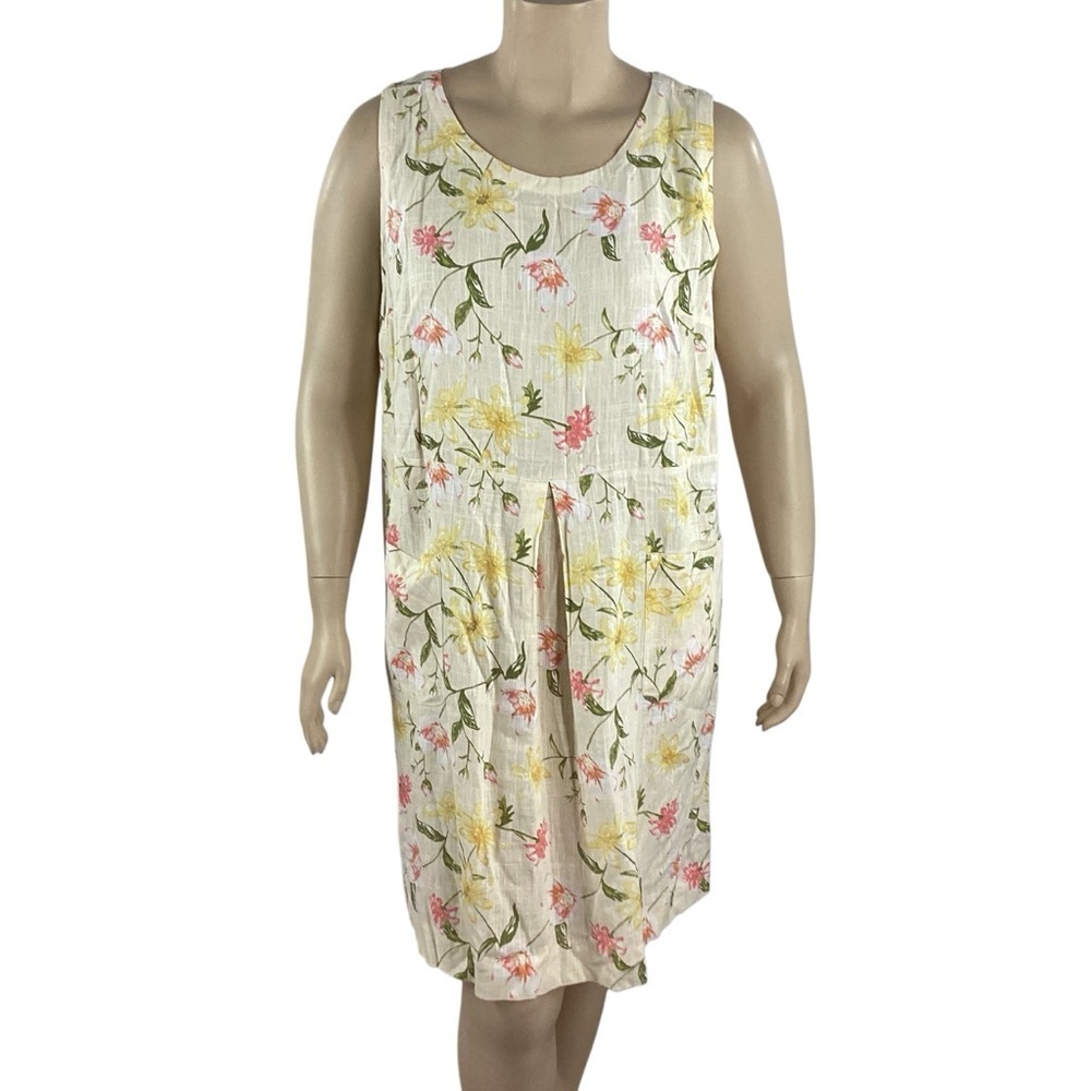 Woman Within Ivory Floral Linen Summer Dress with Pockets 22W